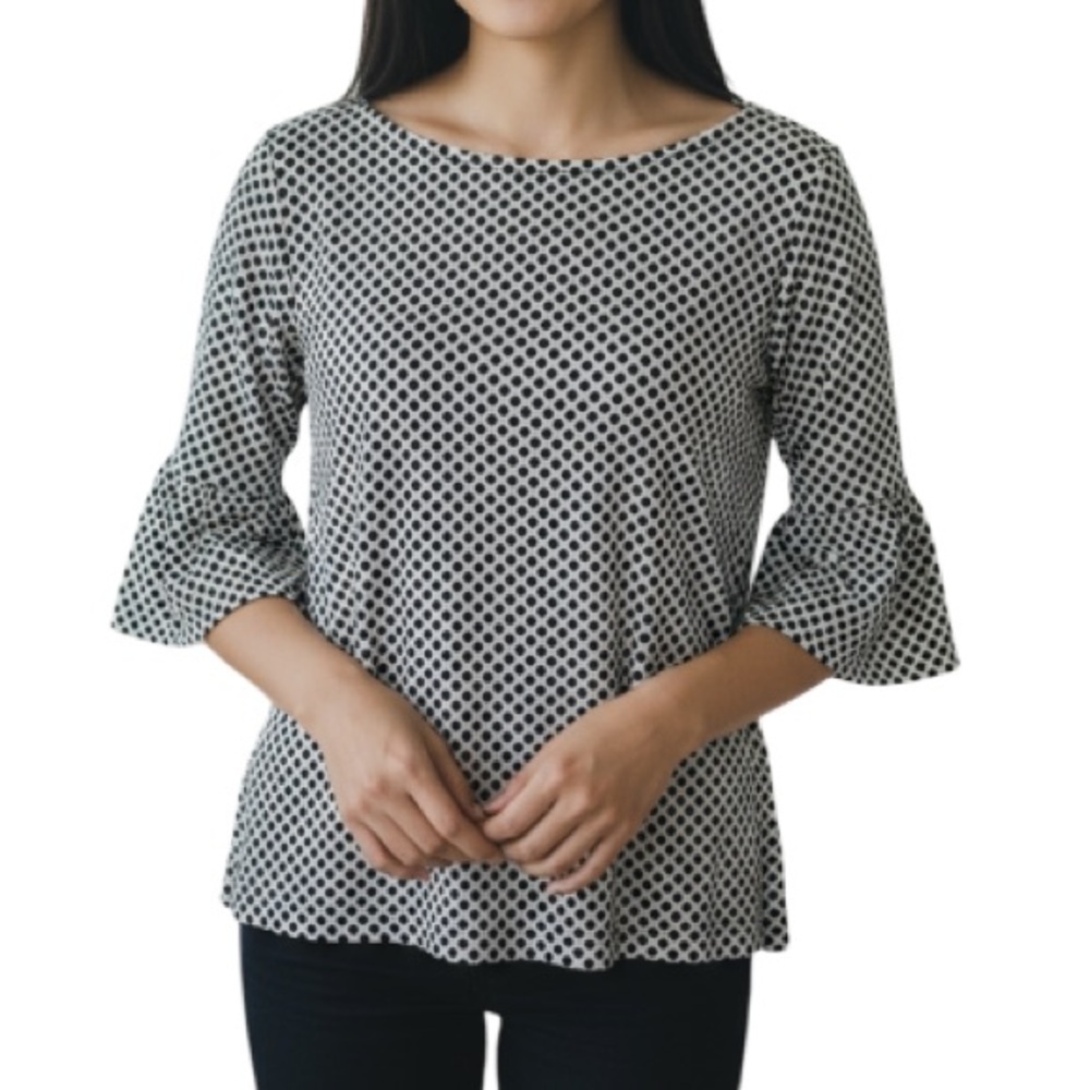 LAZER & CO Polka Dot Ruffle Bell Sleeve Top Black White Blue Tan Stretch M/L